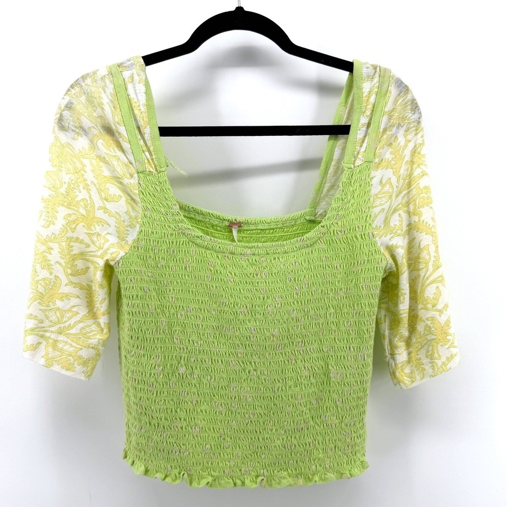 Free People Marigold Smocked Flutter Sleeve Large Green Womens Boho Floral Crop